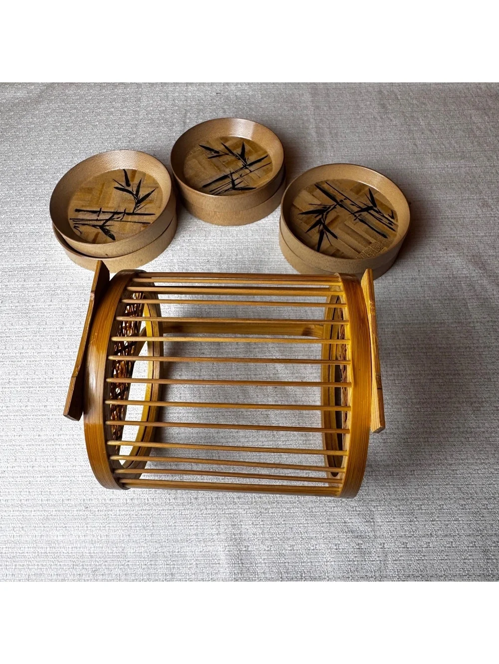 Vintage Bamboo Coaster Set of 6 With Handled Holder Asian Bamboo Design
